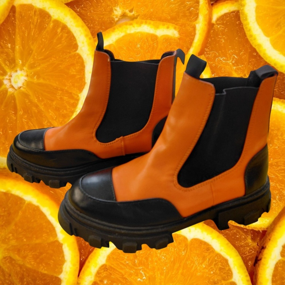 Lemonade Mens Orange Black Colorblock Chunky Lug Sole Chelsea Boots Size 9